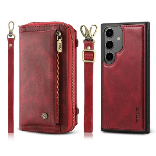 Samsung Galaxy S24 5G Crossbody Multi-functional Zipper Wallet Leather Phone Case - Red